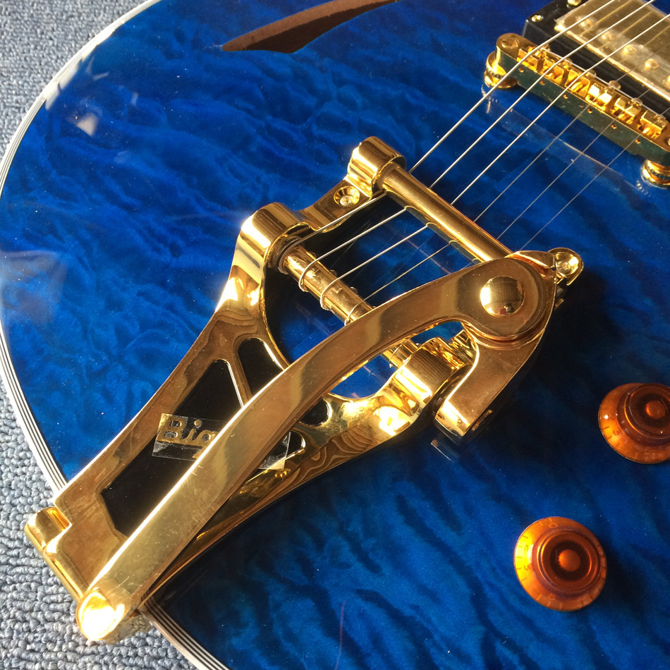 High quality Jazz Electric Guitar with Bigsby, Ebony Fingerboard, Guitar Quilted Maple Trans-Blue burst color