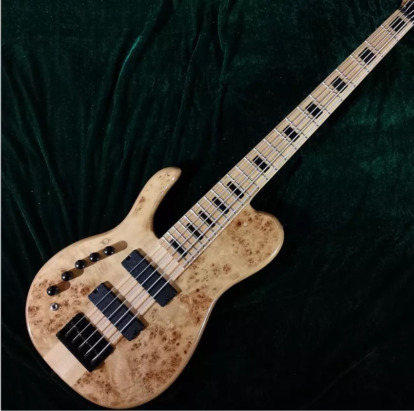 Custom Natural Burl Color One Piece Neck Through 5-Strings Left Handed Electric Bass Guitar
