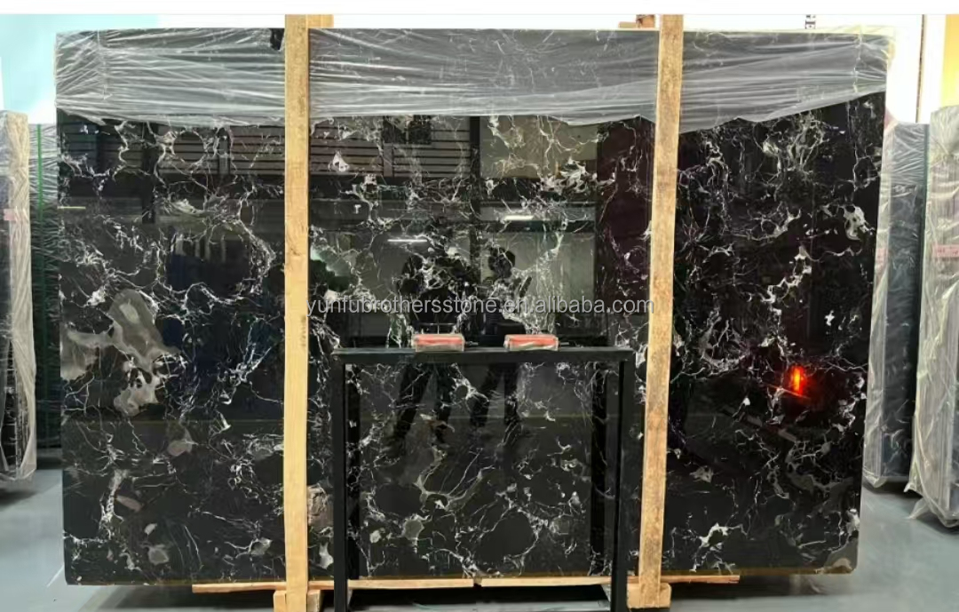 Modern Polished Black Rose Marble Big Slab Dining Table Set for Villa and Hotel Design