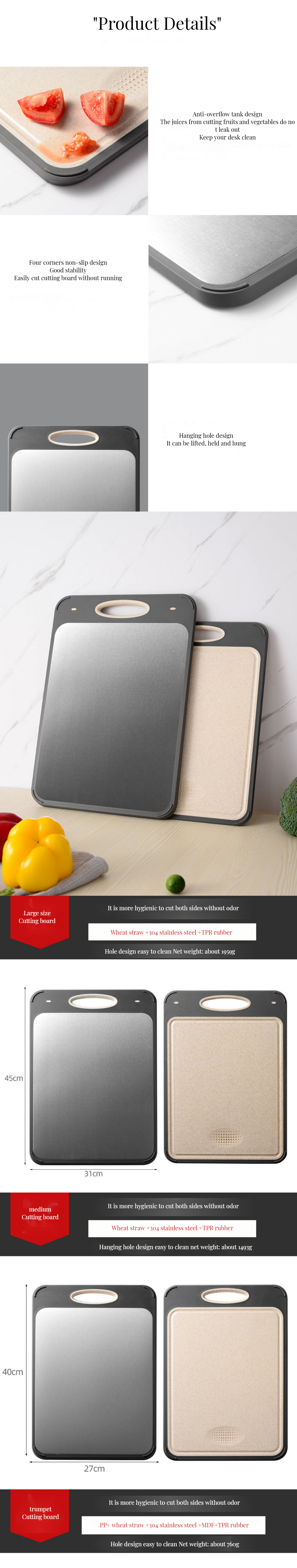 304 Stainless Steel Cutting Board Eco-friendly Bamboo Square Design Anti-Mold Plastic Frame