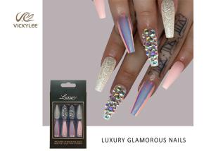 Quality Glossy Pink Purple Hologram long coffin acrylic nails With Glitter wholesale