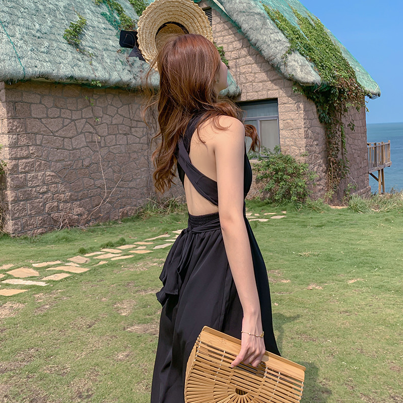 Backless Tie 136cm Black Chiffon Beach Dress V Neck Halter Strap Split