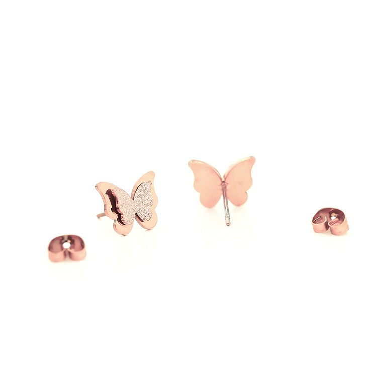 Free Shipping Stainless Steel 18K Rose Gold Plated Double Butterfly Stud Earrings For Women and Girl
