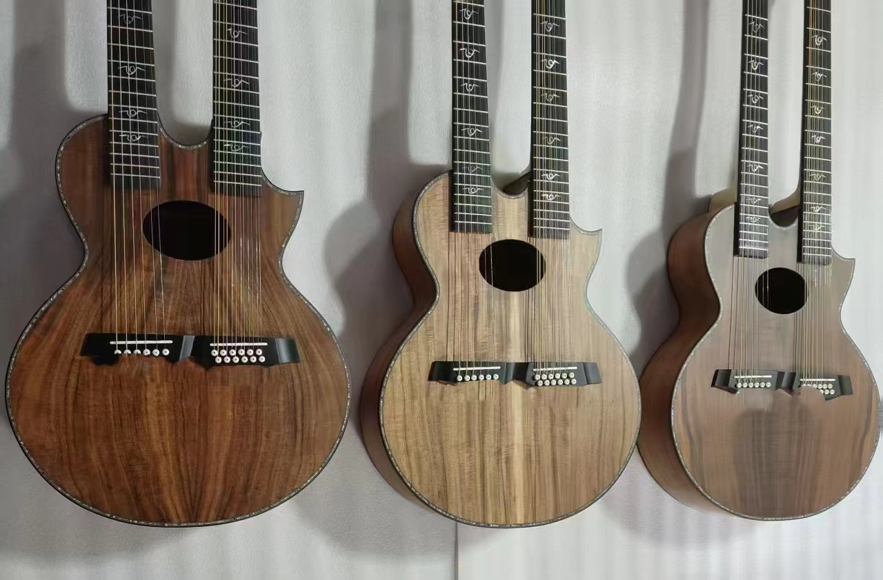 IN STOCK, Custom Taylor Style Double Neck Richie Sambora Signature KOA Wood 6+12 Strings Acoustic Guitar with Ebony Fingerboard in Matte Finishing