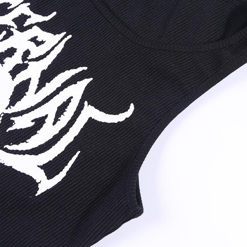 Skull Print Women Crop Top Shirt U Collar Contrasting Color