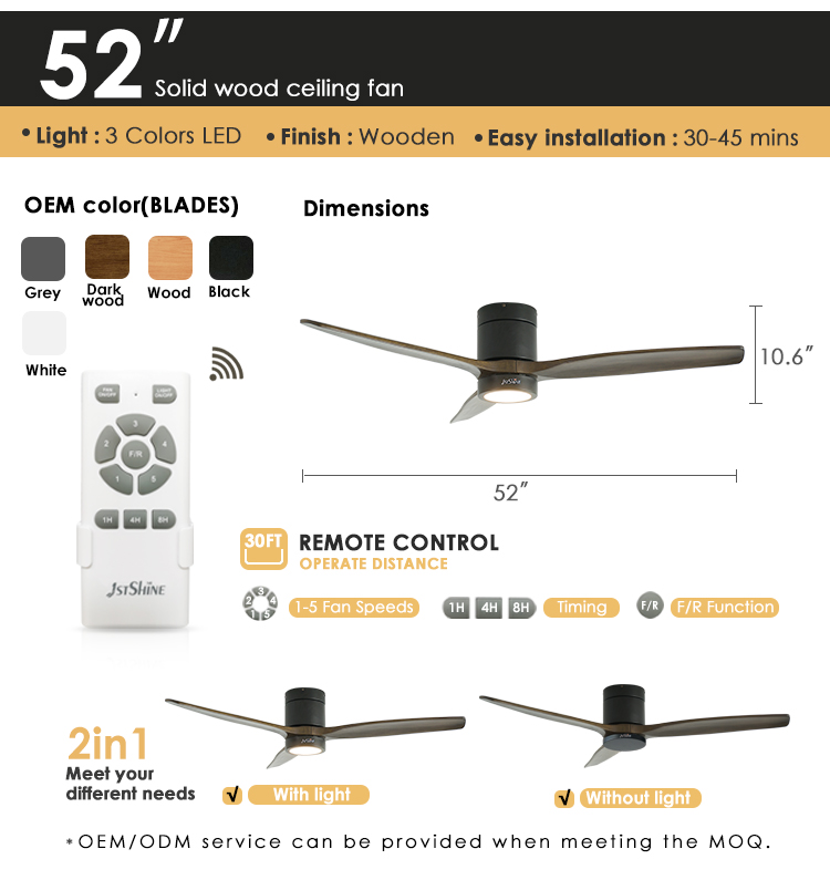 Contemporary Design 1stshine LED Ceiling Fan with Solid Wood Blades Flush Mount 2-in-1