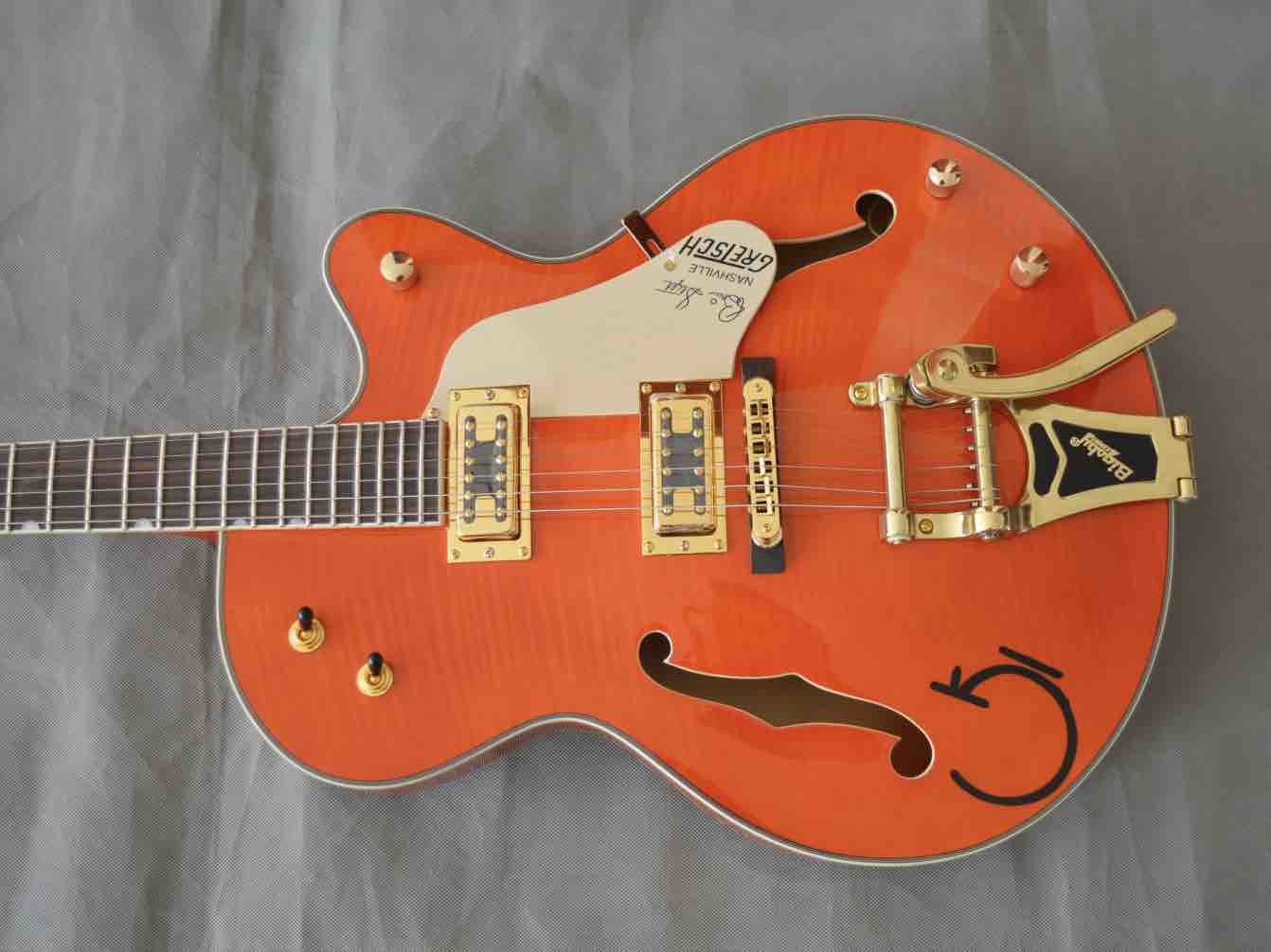 2019 New Orange Flame Maple Electric guitar Semi Hollow Body Jazz Electric Guitar with Golden Bigsby Tremolo