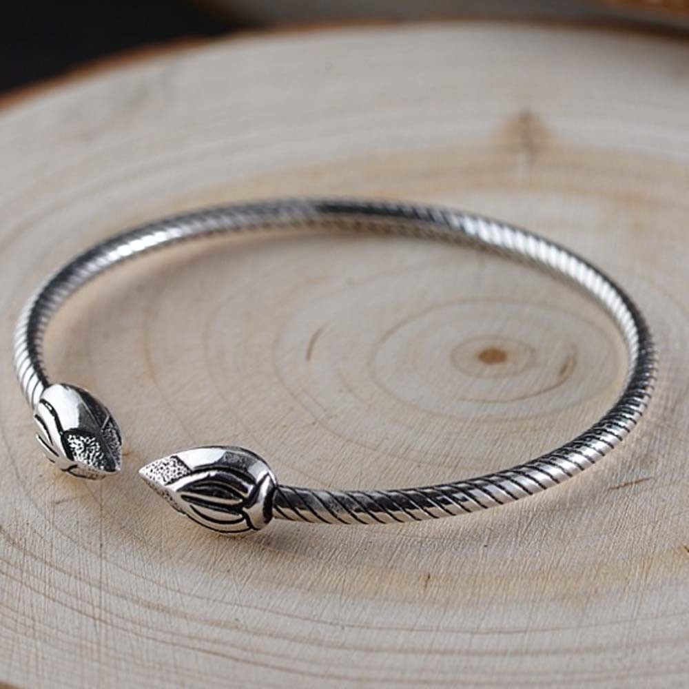 Sterling Silver Lotus Flower Wire Cable Cuff Bracelet Women Bangle(SZ0199)