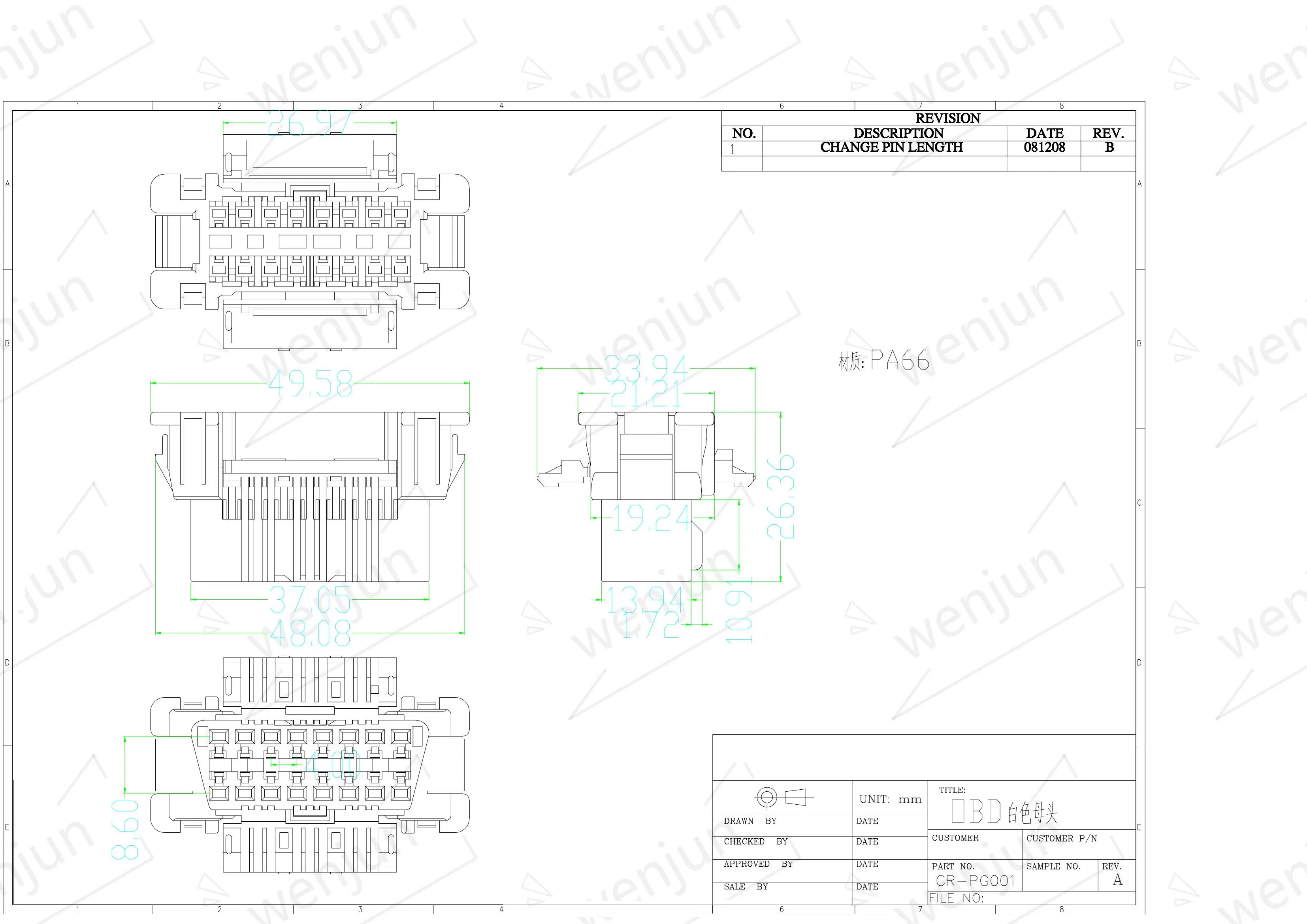 Practical J1962 Female Connector , 16 Pin Vehicle Diagnostic Connector