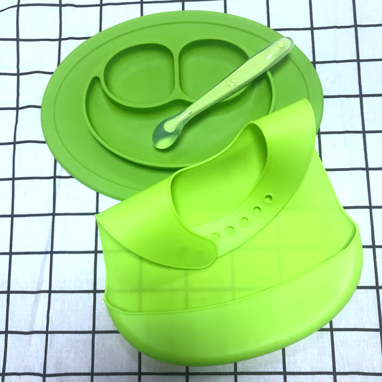 Octagonal Shape Silicone Placemat Plate Baby Spoons And Waterproof Bib