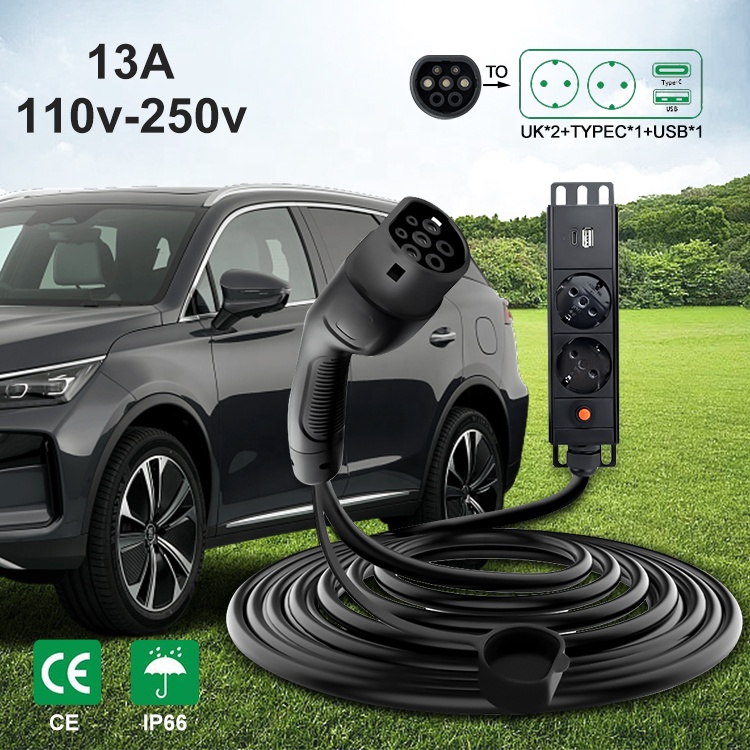 Customized Input Voltage European Standard 13A 110V-250V EV Car Discharge Gun for Outdoor Camping Power Supply
