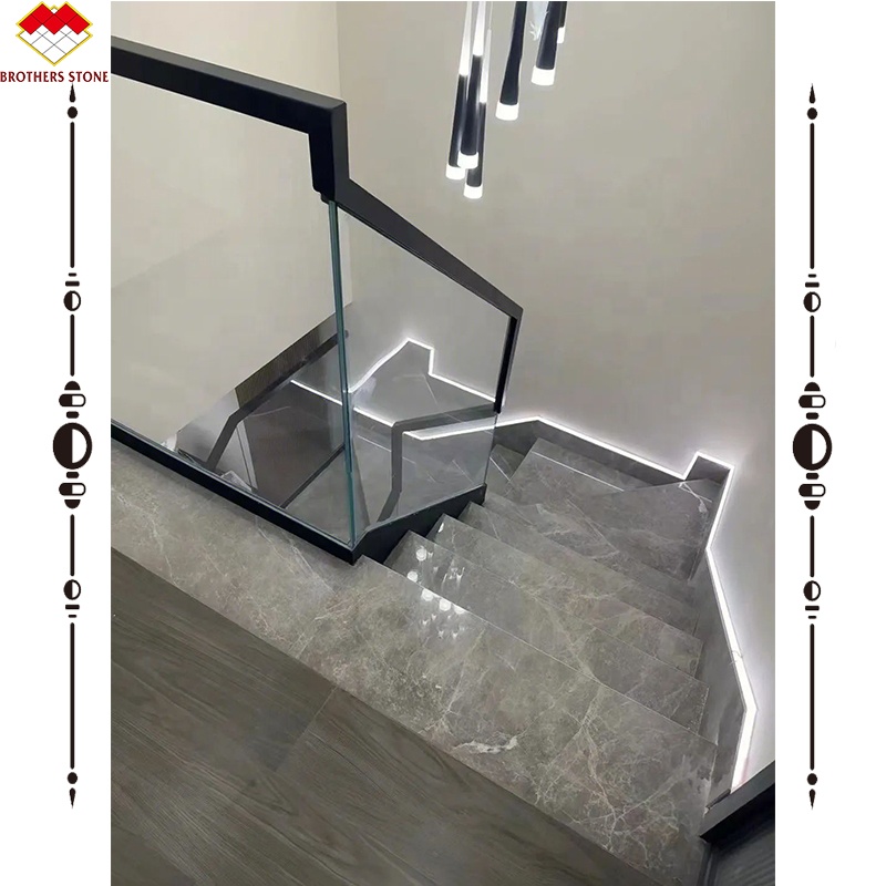 Grey Marble Stair Treads And Risers With Polished Finish For Interior Straight Stairs