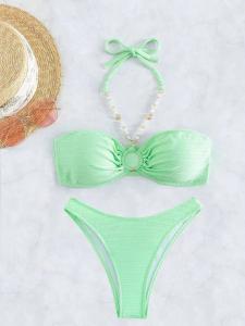 Quality Modern Halter Bandeau Bikini Sets For Beach Vacation Removable Padding Striped Ruched Swimwear wholesale