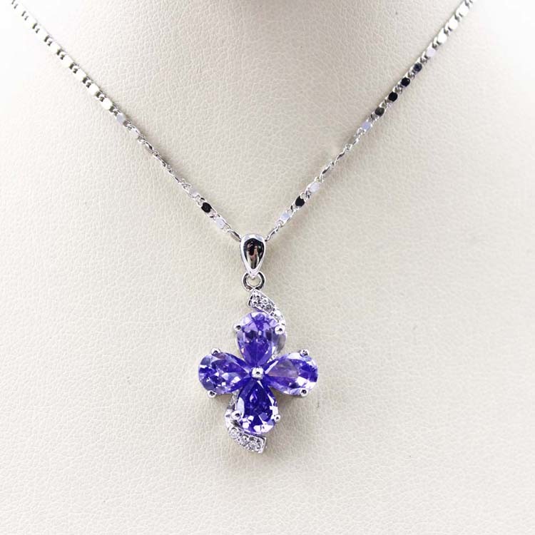 Sterling Silver Chain Necklace with Blue Cubic Zirconia Quatrefoil Charm Pendant(P05)