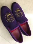 Purple Mens Velvet Slip On Loafers , Mens Velvet Slippers Embroidered for Party