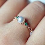 Plated Natural Freshwater Round Cut Pearl Green Emerald Vintage Engagement Ring
