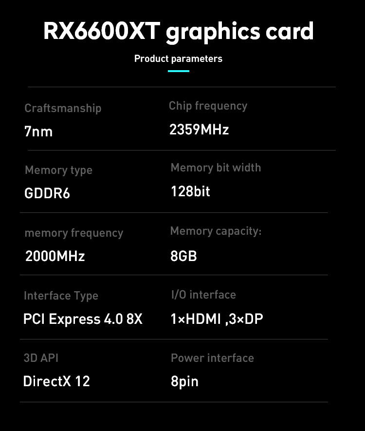 RX 6600 XT Gaming Graphics Card 8G 128bit GDDR6 Memory 16GHz Memory Frequency DirectX12 3D
