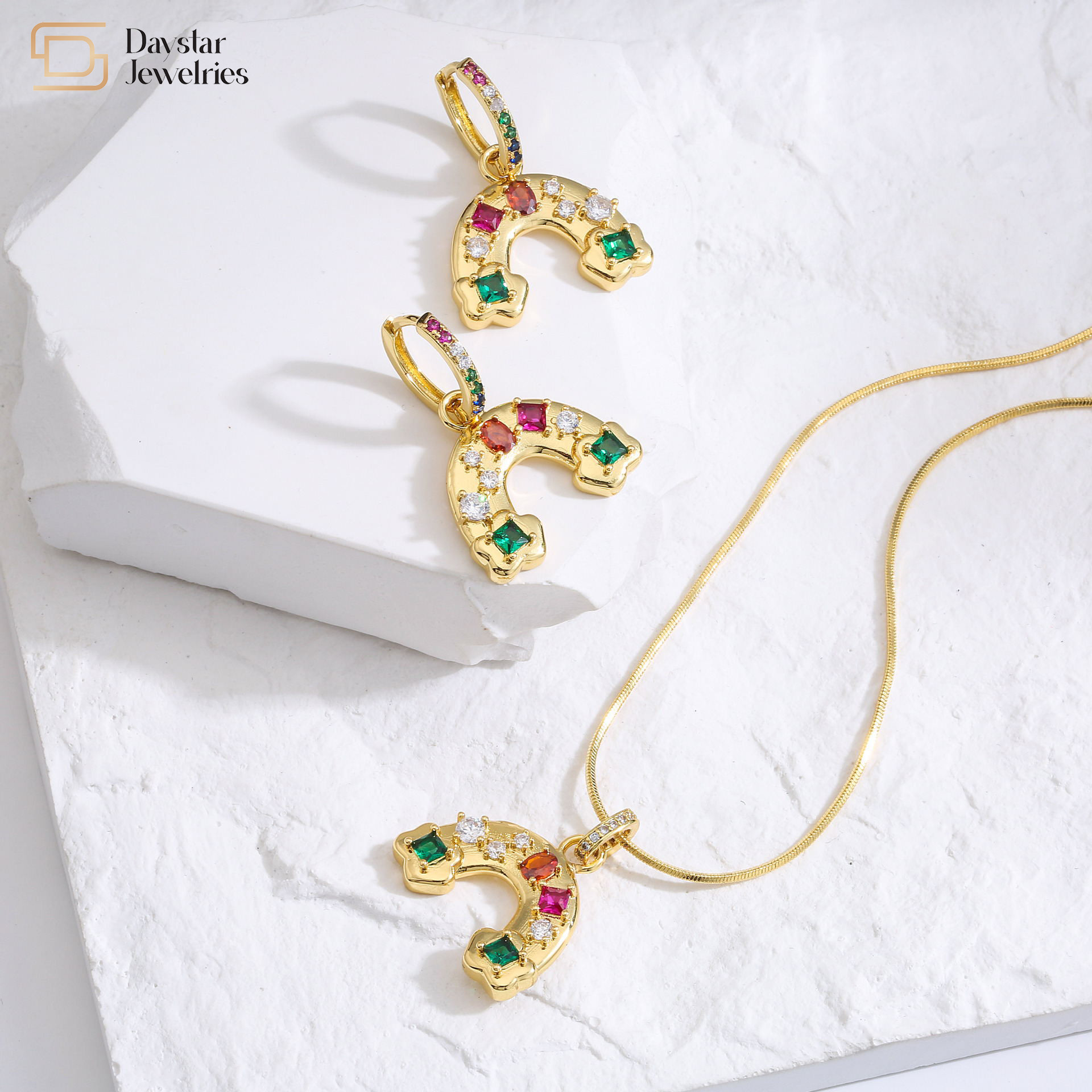 18k Gold Plated Rainbow Jewelry Set Colorful Diamond Gemstone Pendant