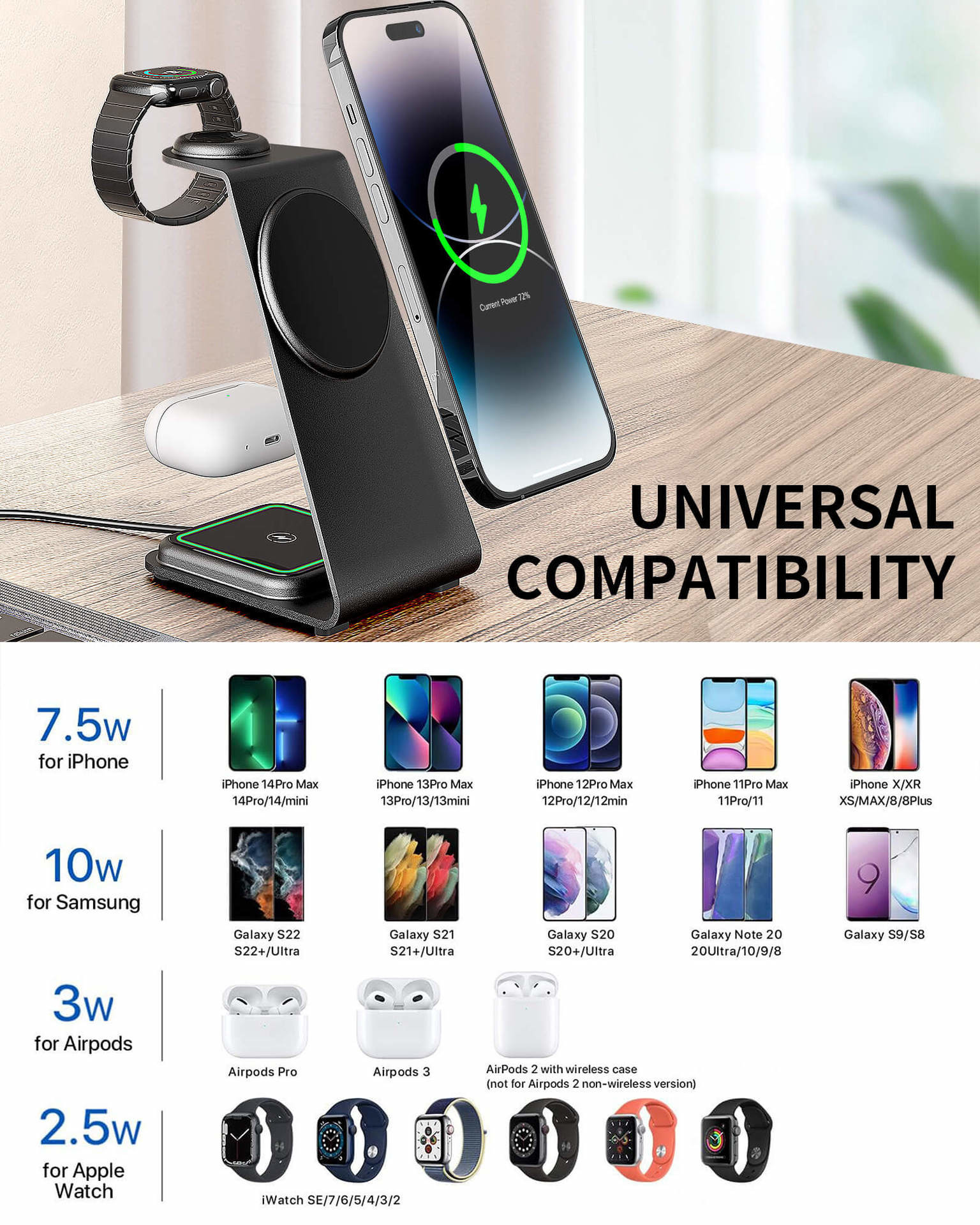 Wireless Aluminum Alloy Charging Stand 15W PD/QC Compatible with iPhone/Samsung/Other Qi Devices