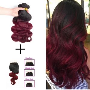 Quality Pre-colored Ombre Hair Weave 3 Bundles with Closure 4x4 1b/99j Ombre Brazilian Body Wave Human Hair Bundles with Closure wholesale