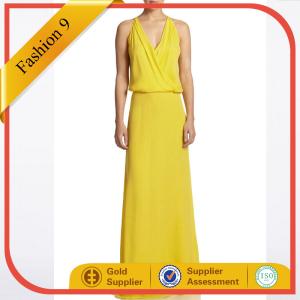 Quality Women Yellow Chiffon V Neck Floor Length Evening Dress wholesale
