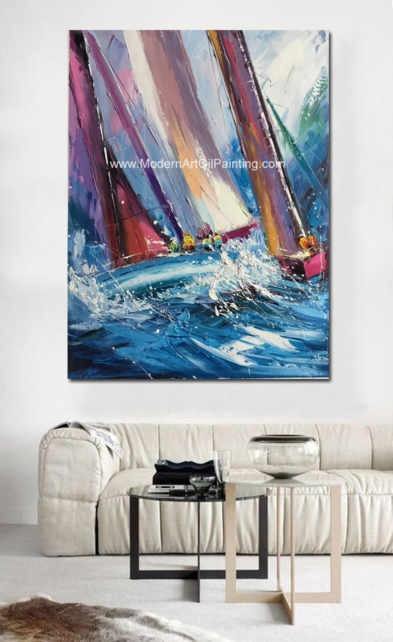 Sun Rise Fishing Boats Oil Painting Single Panel Abstract Wall Art