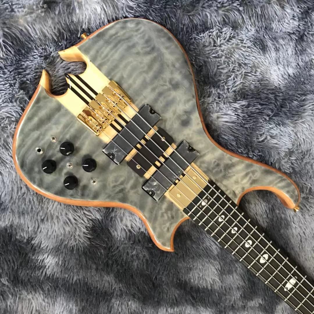 Custom Alem Style Mark King 5 Omega Cut Bottom Shape Neck Through Body Flamed Maple Top 5 Strings Bass Guitar