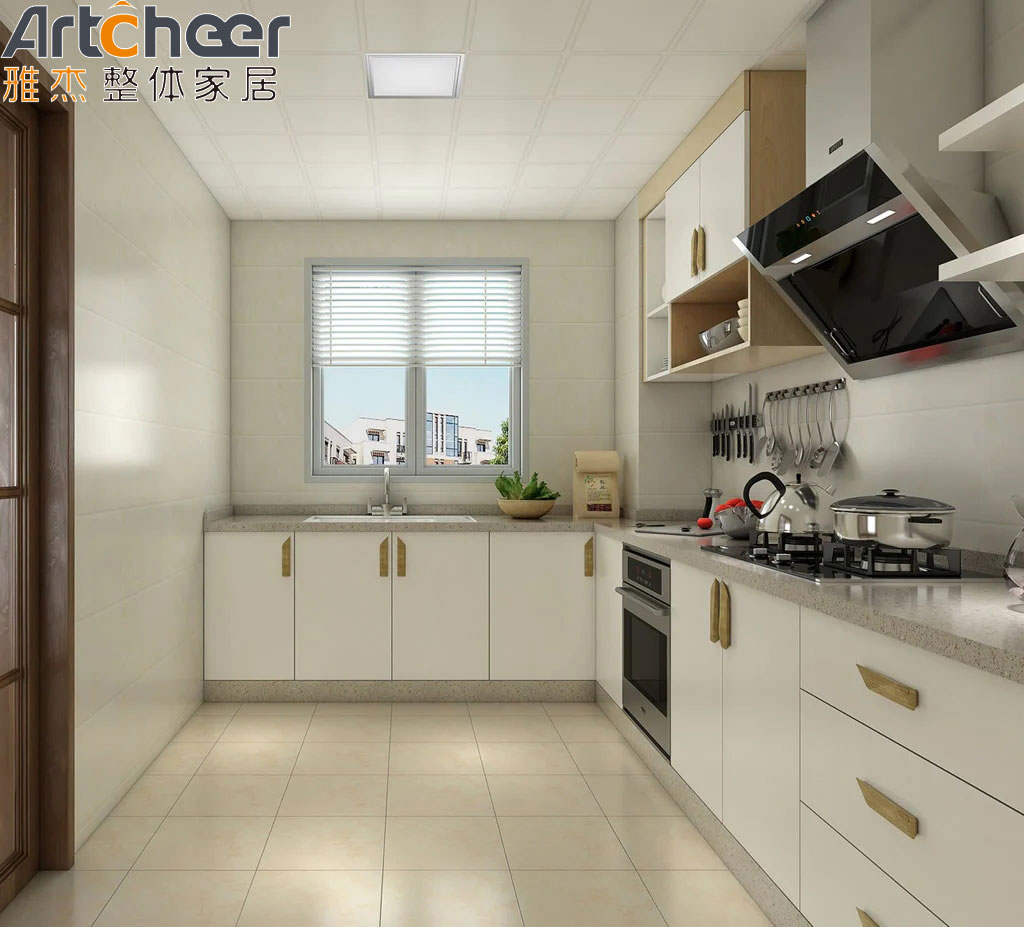 Drawer Slide Kitchen Cabinet with Adjustable Island in Black and White Sunmica Design