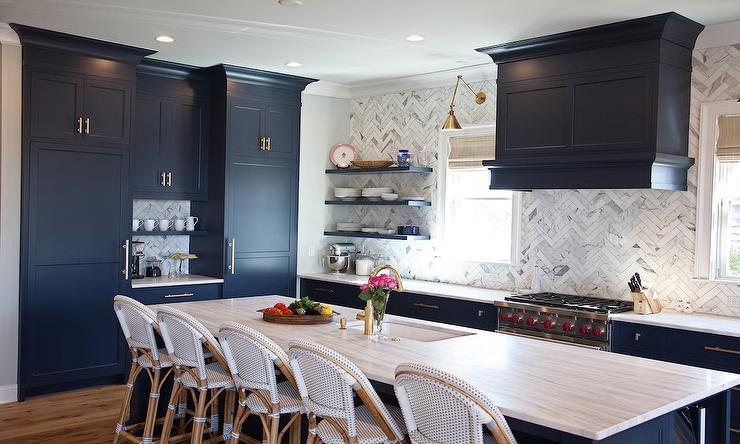 E1 Particleboard/Plywood/MDF Carcass YALIG Blue Kitchen Cabinets with Hidden Cupboards