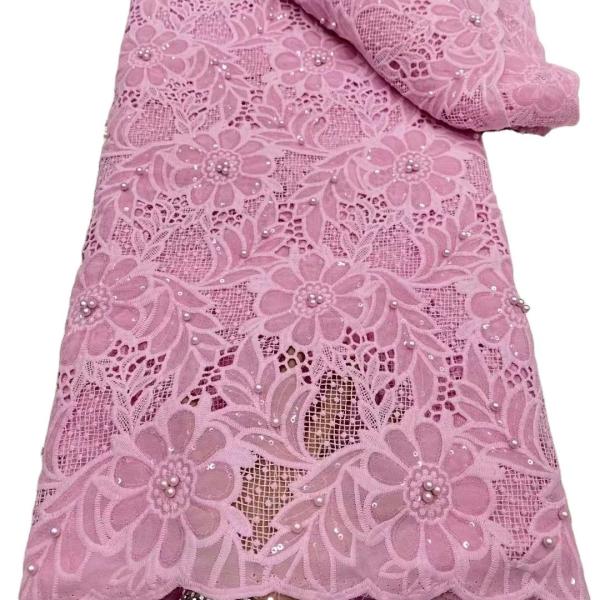 Rose pink guipure lace water-soluble embroidery fabric with beads wedding dress