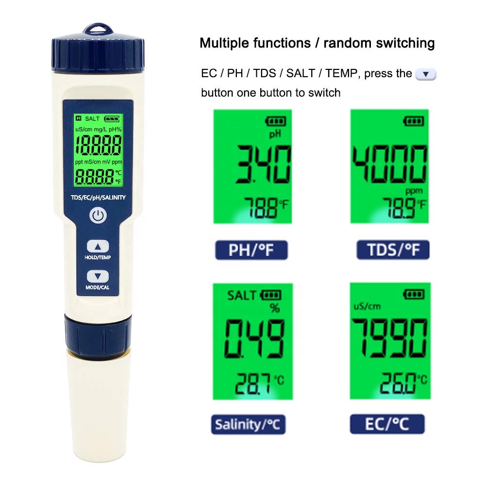 Multiparameter pH Meter 5 in 1 TDS/EC/Salinity/TEMP Tester with Replaceable Electrode