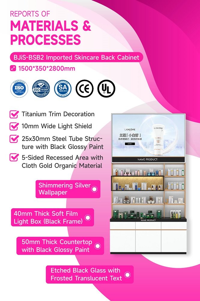 BJiS-BSB2 White Glossy Skincare Display Cabinet with Titanium Trim for Cosmetics Store Design