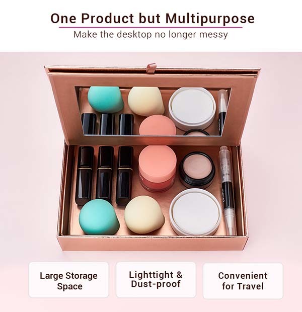 Rose Golden Foldable Cosmetic Travel Box With Makeup Mirror