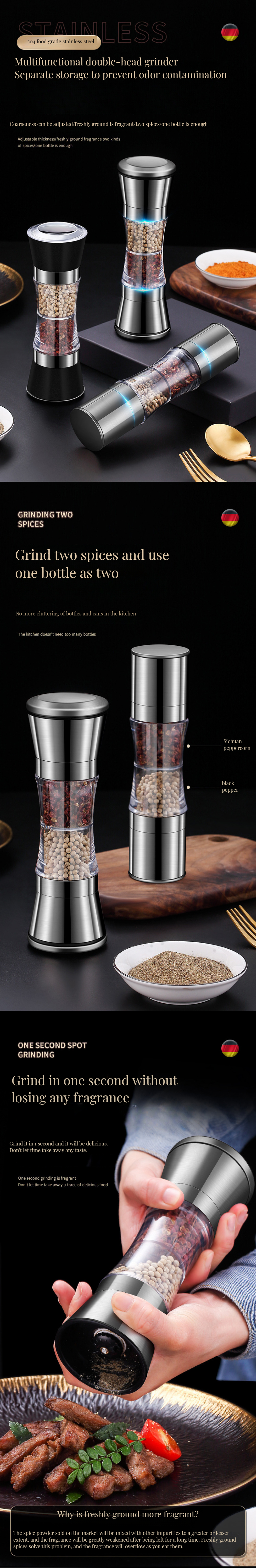 Stainless Steel Manual Bamboo Spice Grinder Function Pepper Mill Salt for Home Kitchen