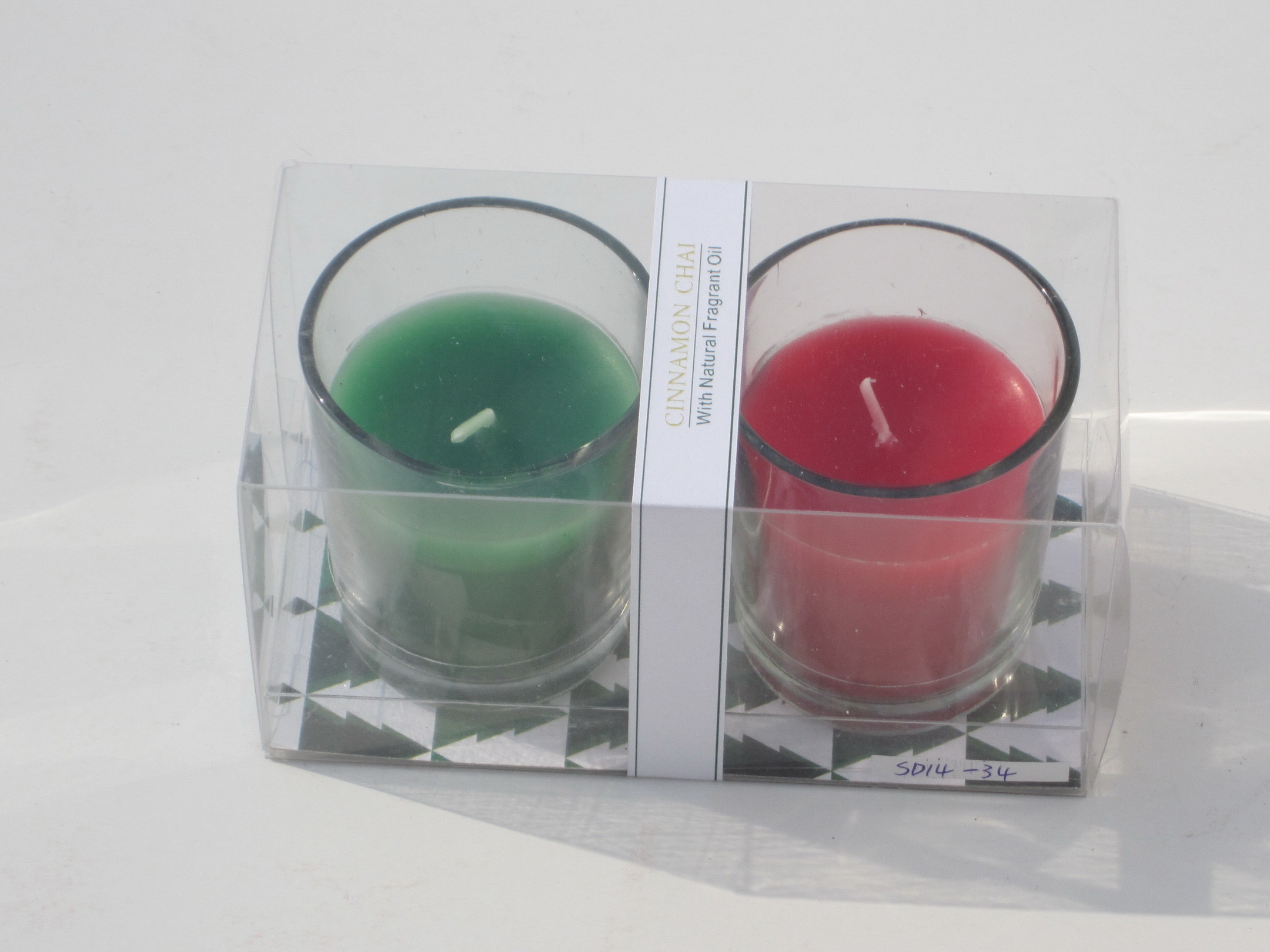2pk Red & Green scented & assorted glass candle with printed label and packed into clear box