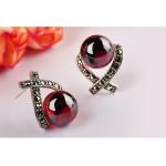 Vintage Thai Sterling Silver Red Cubic Zirconia Marcasite Earrings (E12285)