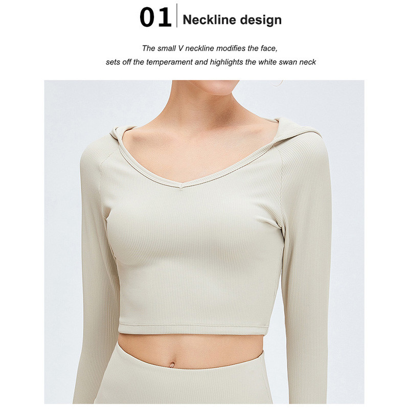 High Waist Ribbed Yoga Clothes Women Long Sleeve Hooded Crop Top Set