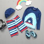 Three Piece Boys Swimwear Sets Printed Blue Boy Bathing Suit