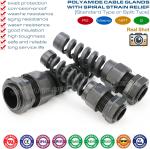 IP68 Nylon Strain Relief Cable Glands, IP69K Polymer Bend Relief Cable Glands