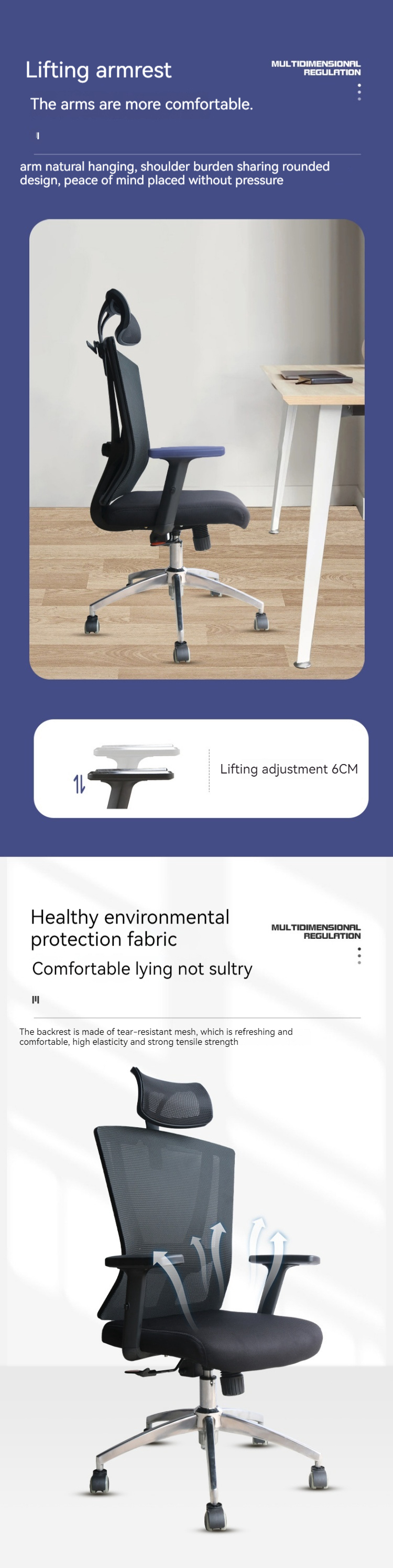 Adjustable Headrest Mesh Chair Fabric Multifunctional Ergonomic High Back Boss Chair