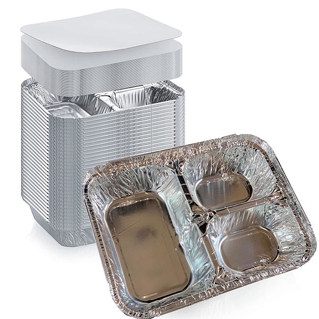 3 Compartment Rectangular Aluminum Foil Plate Food Container With Flat Lids Disposable