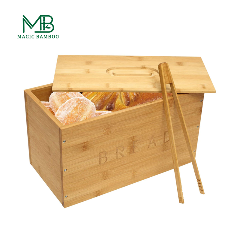 GLOSSY Finish Natural Bamboo Bread Storage Box With Bread Clips Perfect for Kitchen Us