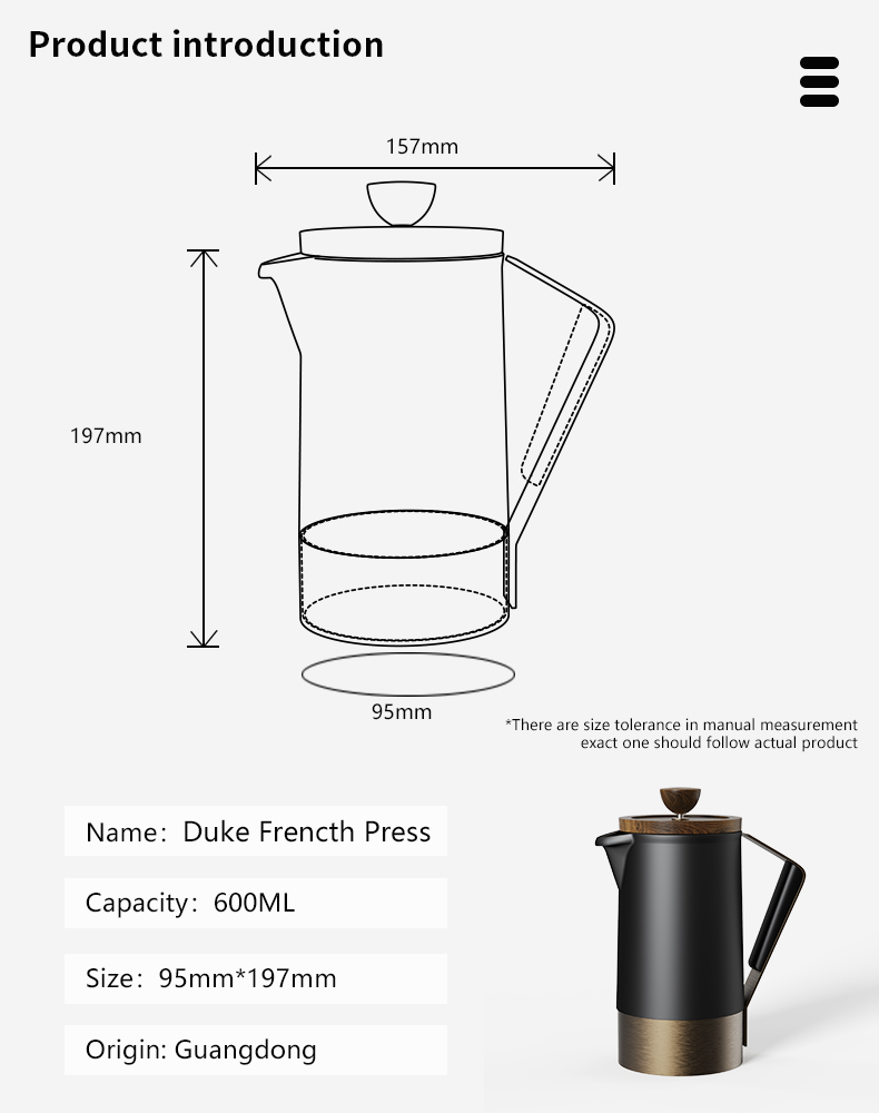 DHPO Deluxe Ceramic French Press with Comfortable Handle Stainless Steel Coffee Maker