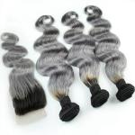 Ombre 1b/Grey Human Hair Bundles with Closure Body Wave 3 Hair Bundles with