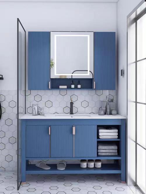 Width 38-46 in Modern Style Navy Blue Bathroom Vanity Cabinet with Mirror Wall Mount