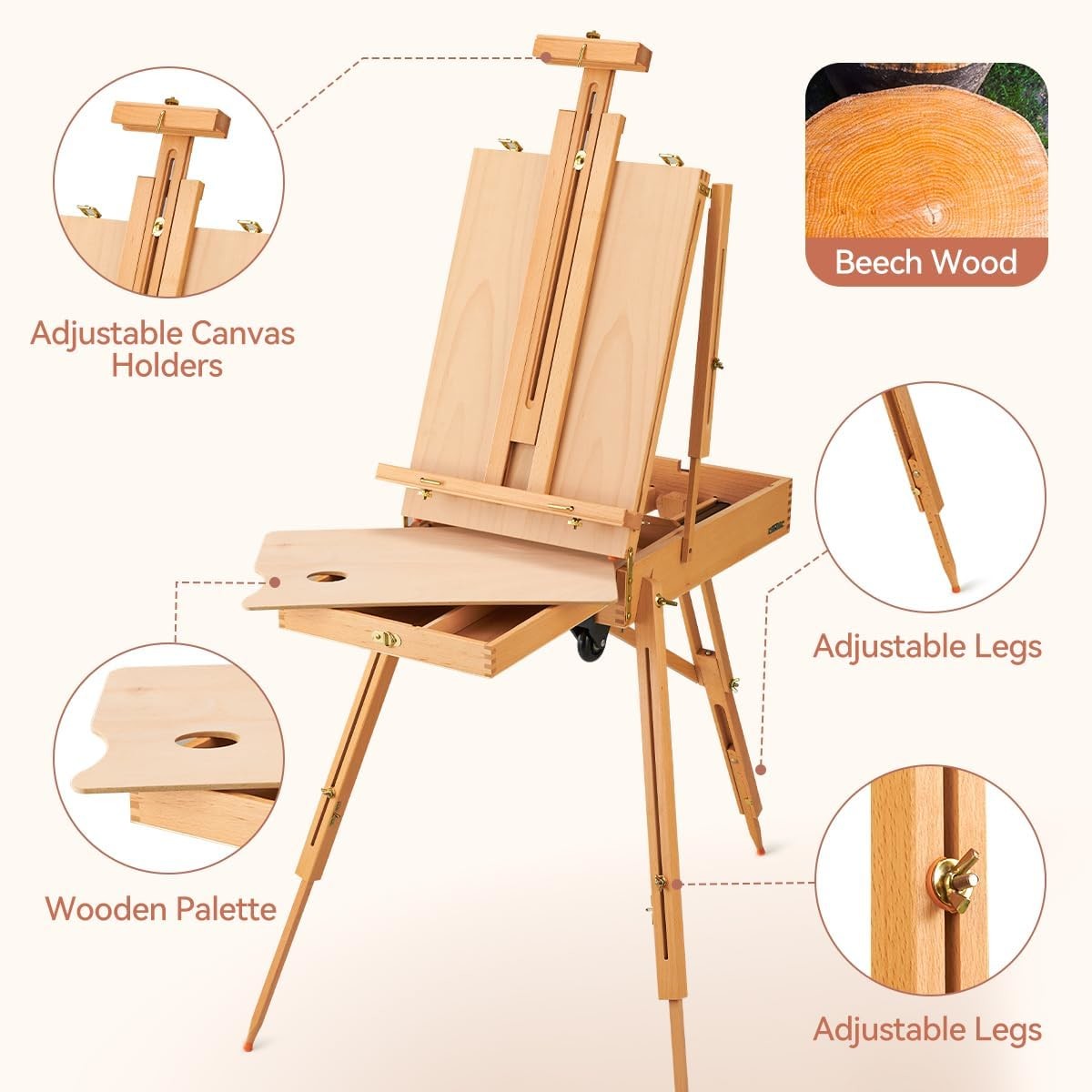 Holds Canvas Wood Portable Adjustable Art Painting Easel French Style With Palette