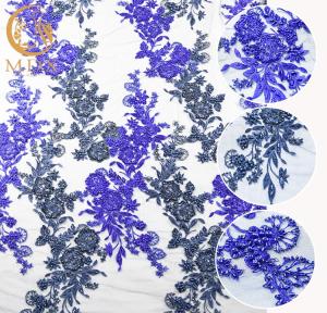 Quality Royal Blue Beaded Lace Fabric 80% Nylon Water Soluble 140cm Width For Kids Dress wholesale