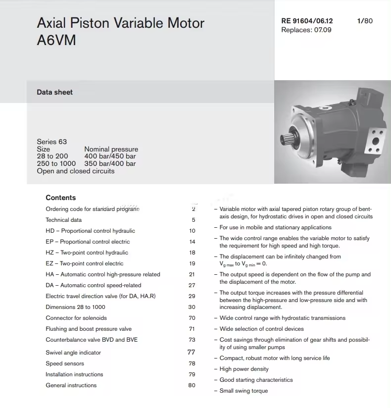 Hydraulic Bent Axis Piston Motor A6VM107HA1TC63W-VZB370A-SK For Rexroth R971034666