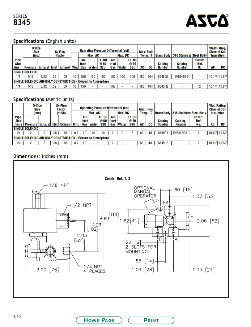 Compact General Service 2 Position 4 Way Solenoid Valve ASCO 345 Female NPT
