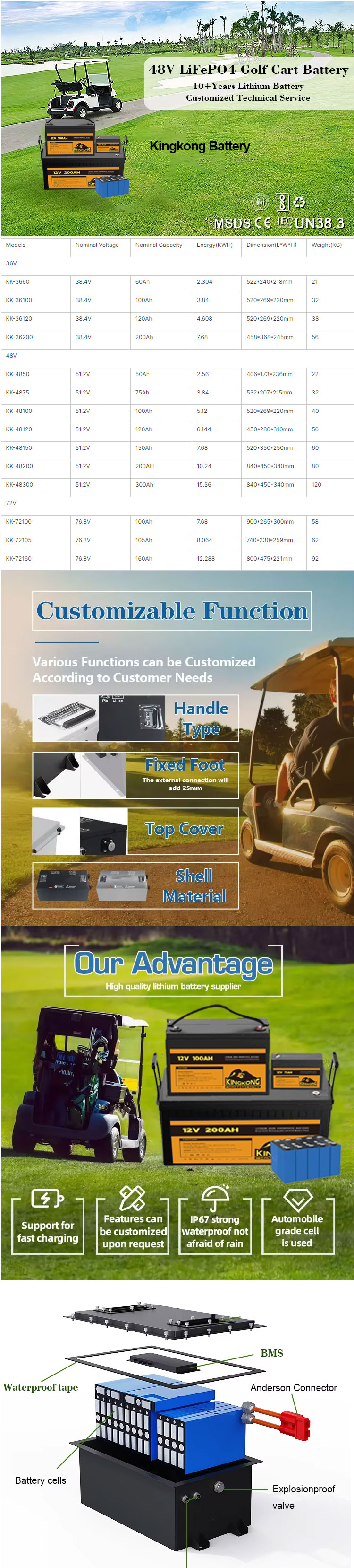 51.2V 105Ah Golf Carts Battery Car Lifepo4 Rechargeable Pack with OEM/ODM Service